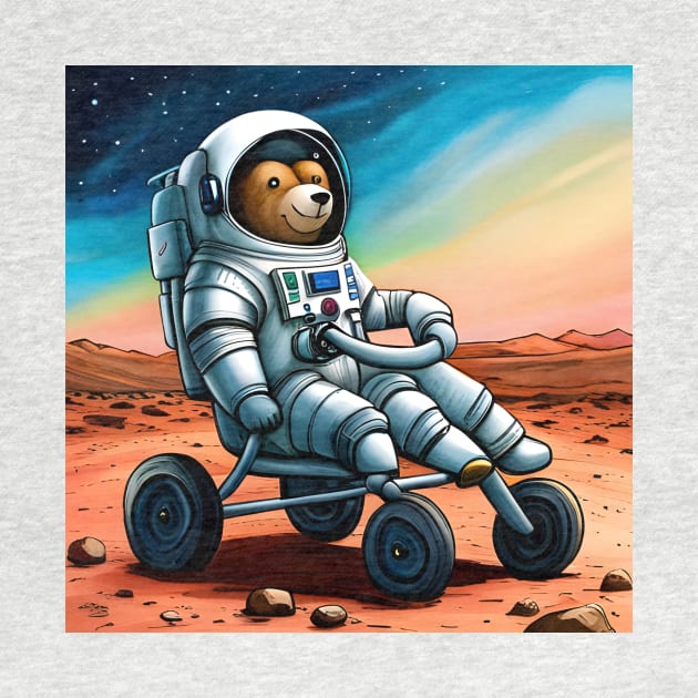 Teddy wearing a space suit riding the Mars Rover by Colin-Bentham